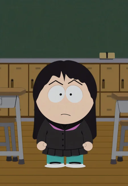 best quality, masterpiece, hi res, Wendy Testaburger from 1girl, solo, 1girl, black dot eyes, long black hair, parody,
School Uniform, aqua pantyhose,
classroom,