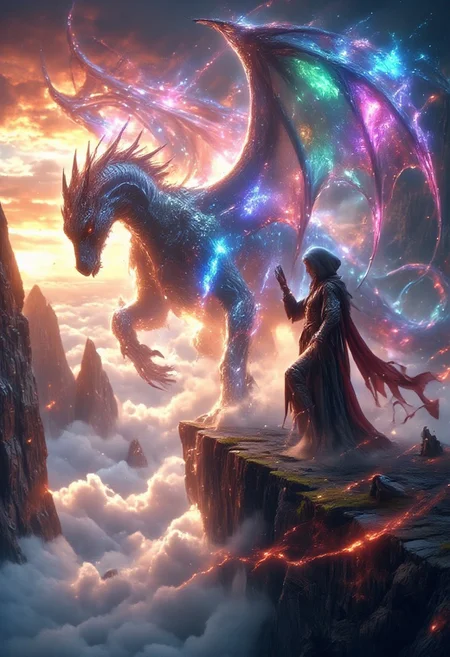 FLUORESCENT, GLOW, a majestic young dragon with wings made of shimmering crystal perches on the edge of a vast cliff overlooking a sea of clouds. Its wings and scales catch the light of the setting sun, casting vibrant rainbows across the sky. A young timid but excited teenage girl inevntor with a prosthetic leg reaches out to touch the dragon as it bows it's head. The scene is bathed in soft, golden light, with the clouds below swirling in soft, pastel hues of pink and orange. A soft vignette centers on the moment of reverence between the figure and the dragon, highlighting the mystical and awe-inspiring nature of the encounter.capturing the quiet magic of this otherworldly moment.<lora:DnDDarkestFantasy:0.5><lora:FluxMythP0rtr4itStyle:0.75><lora:Dever_Flux_Enhancer:0.5><lora:Aura_Flux-000010:0.6>
