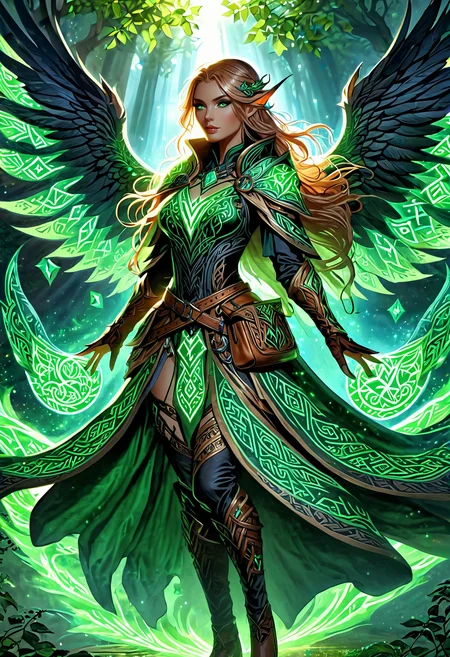 a sorceress wearing a glowing rune cape riding a phoenix covered in green glowing runes