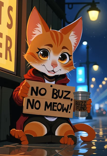 chibi anime catgirl wearing a sandwich board sign that says "NO BUZZ, NO MEOW 💔", sitting on the sidewalk under a flickering streetlamp, big watery eyes, holding a tin can labeled “BUZZ FUND,” moody night background with neon reflections, raindrops falling, dramatic and adorable, cinematic anime lighting, full body, high detail, ultra-cute, expressive, whimsical and emotional