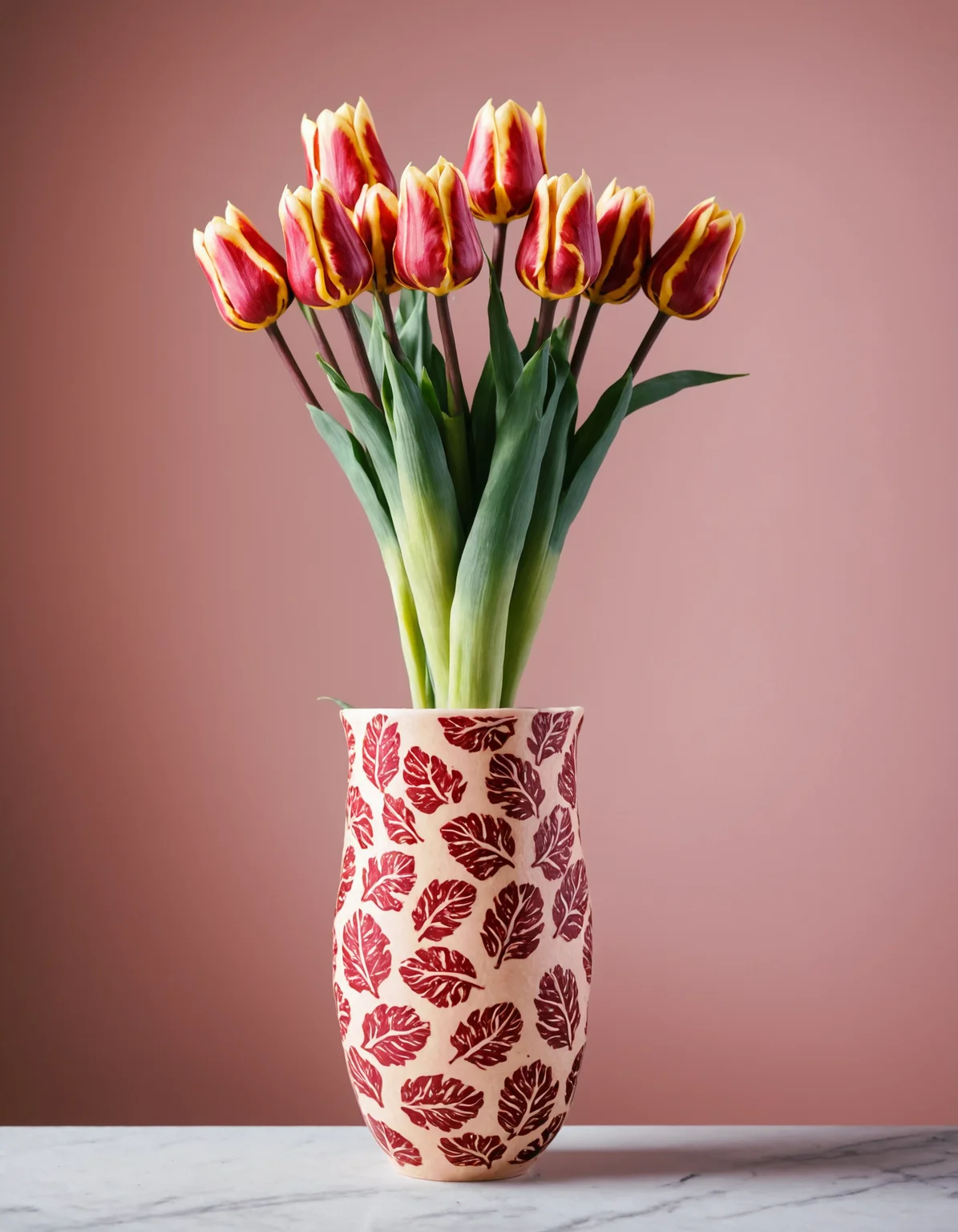 patterned vase made of wagyu, tulip flowers, photography, negative space,