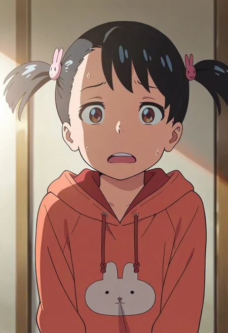 masterpiece,best quality,amazing quality, miyamizu yotsuha, black hair, brown eyes, short twintails, 1girl, twintails, hair ornament, solo, anime coloring, rabbit hair ornament, open mouth, hood, hoodie, sweat, short hair