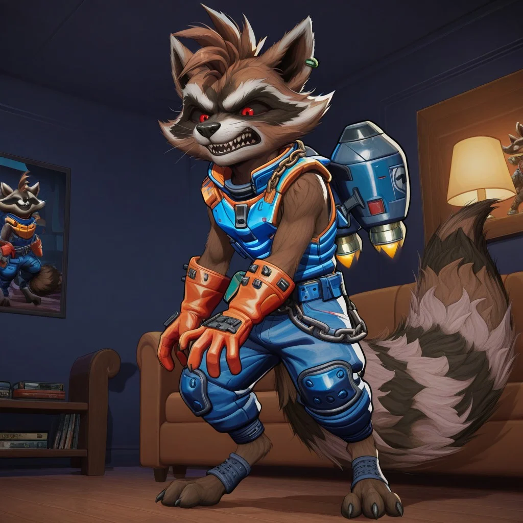 masterpiece, best quality, amazing quality, riv4lsrock3t, male, furry male, anthro, solo, raccoon, brown fur, two-tone fur, short hair, orange sclera, red eyes, black nose, whiskers, sharp teeth, 3 toes, sharp nails, busy tail, raccoon tail, short, ear piercing, blue armored vest, collar, orange gloves, blue belt, chain, blue pants, knee guards, grey ankle bands, jetpack, standing, angry, indoors, living room