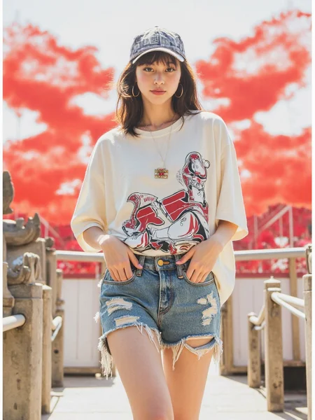 There are wonderful studio lights and various reflections,
18yo beautiful cute girl with blushing and female orgasm.skin naturally showing the texture of blood vessels and detailed pale skin,
--,
<lora:Nakajo_Ayami_f1:1>,she is Nakajo Ayami,
(Oversized_graphic_tee:1.5),(Denim_shorts_with_patchwork:1.4),(Canvas_high-top_sneakers:1.3), In the style of a Soviet propaganda poster,she is in the center of the picture,she is in Tiananmen Square,the background is the Tiananmen Gate Tower in Beijing,China,red flags are waving,red clouds are all over the sky,and the bright sunshine is shining on her face,,#天å®é¨