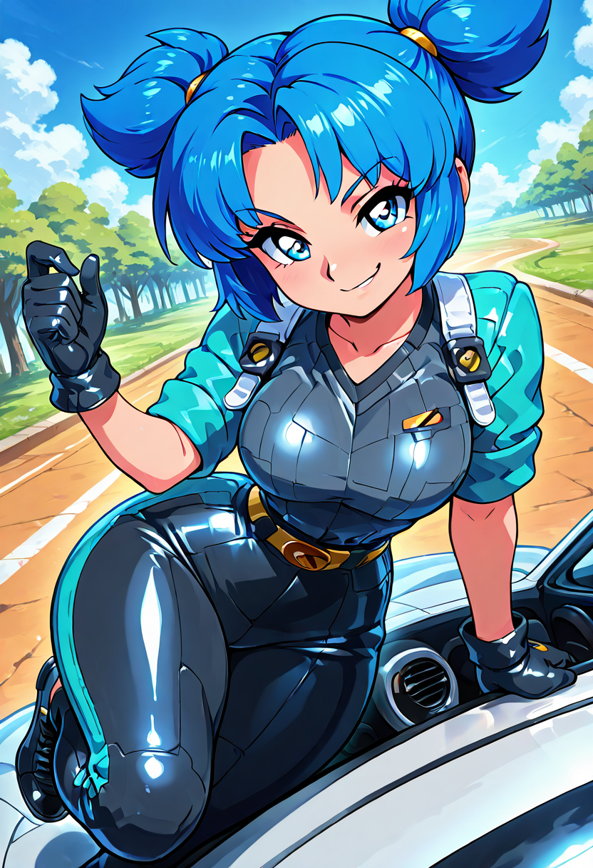 masterpiece, best quality, solo, curvy, beautiful eyes, narrow waist, wide hips, 1girl, solo, smile, looking at viewer, dynamic angle, foreshortening, close up,    zzVela, blue eyes, blue hair, short hair, twintails, short twintails, <lora:VelaJetforce_IXL:0.8>,[Classic Sports Car Lover], retro leather driving gloves, black and white checkered-patterned racing jacket, high-waisted black leather pants, polished vintage driving shoes, leaning against a sleek 1960s Porsche 911, looking over the carâs shoulder with a playful smirk, parked by a scenic coastal road,