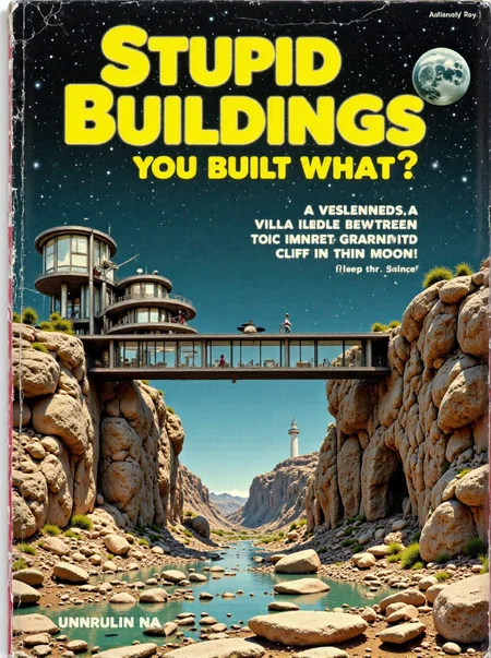 A photo of a retro, 1980s-style manual featuring a cover photograph of a Villa on a bridge between two impossibly tall cliffs on the Moon: A striking villa built atop an elegant bridge between two impossibly tall cliffs above a completely barren, dry, Lunar landscape. The design features modern materials that complement the surroundings while remaining distinct, with large terraces overlooking the cliffs. The villaâs structure seems impossibly arranged, tumbling over itself. The whole villa is covered by a clear glass dome, keeping it airtight. The header in blocky yellow text "Stupid Buildings". Subtitle below the picture is "YOU BUILT WHAT?". V1llas1nNa1ure <lora:FLUX_V1llas1nNa1ure_LoRA:1> <lora:1980s_Technical_Manuals_Flux:1> <lora:TextimproverV0.4:0.85> aidmatextimprover,