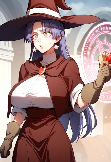 score_9, score_8_up, score_7_up, score_6_up, source_anime, rating_explicit, <lora:neg4all_bdsqlsz_V3.5:2.0>1girl, (solo:1.2), huge breasts, <lora:Heraponyxl:1> red witch hat, long hair, jewelry, star earrings, bangs, purple hair, blue hair, brown eyes, brown gloves, white shirt, brooch, red capelet, red high-waist skirt, surprised, Narrow shoulders, heavy breathing, steaming body, castle, outdoor, walking, close-up, magic circle, (fighting stance:1.1)