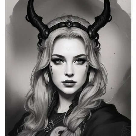Ink portrait of a beautiful viking princess.
Colors Red and Black.
Ink style.