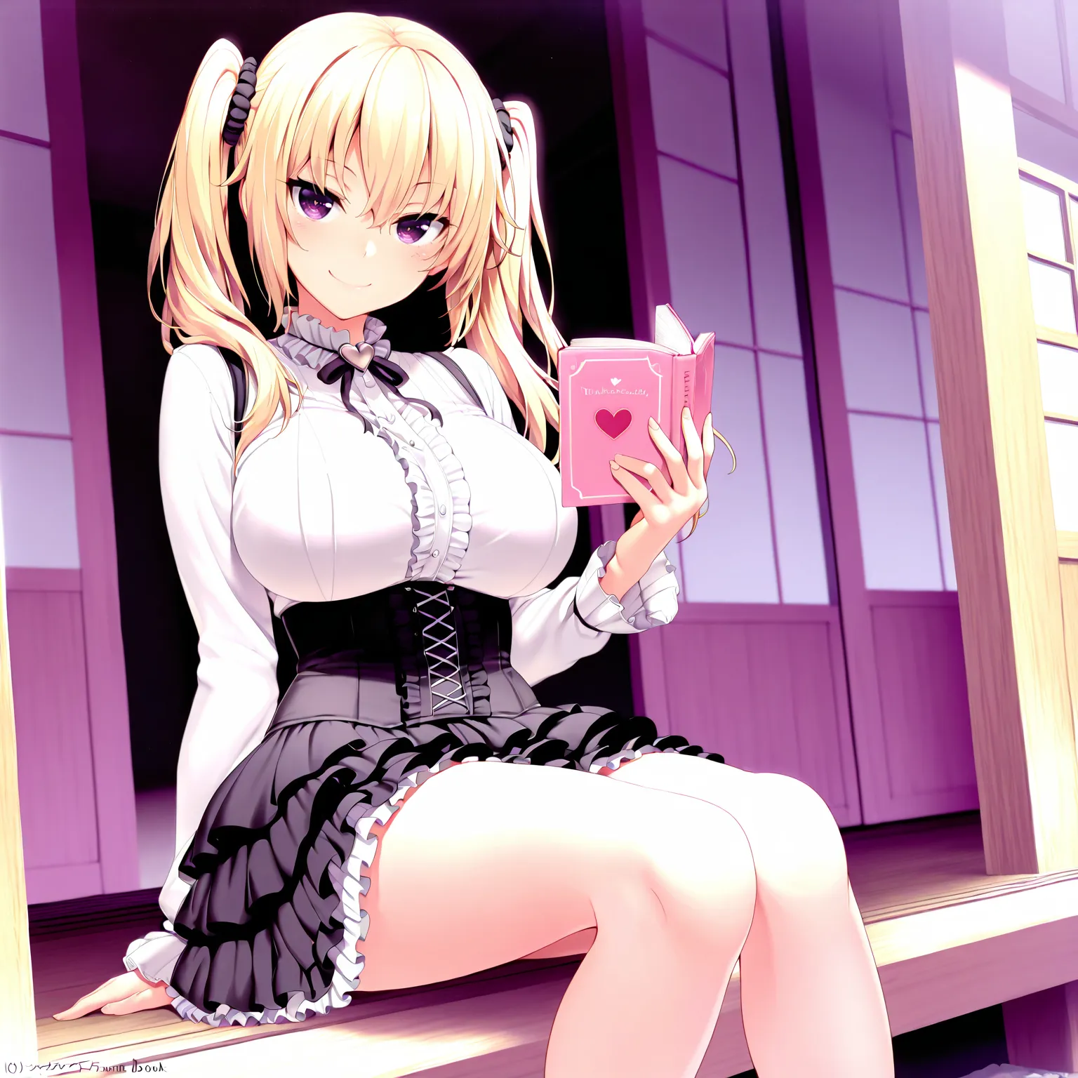 masterpiece,best quality,very aesthetic,highres,absurdres,1girl,<lora:NRpatricia_ilv1:1>,nrp4t0,blonde hair,frills,large breasts,long hair,looking at viewer,purple eyes,skirt,solo,tsurime,twintails,smile,frilled skirt,sitting,veranda,heart cover page,pink book,black skirt,