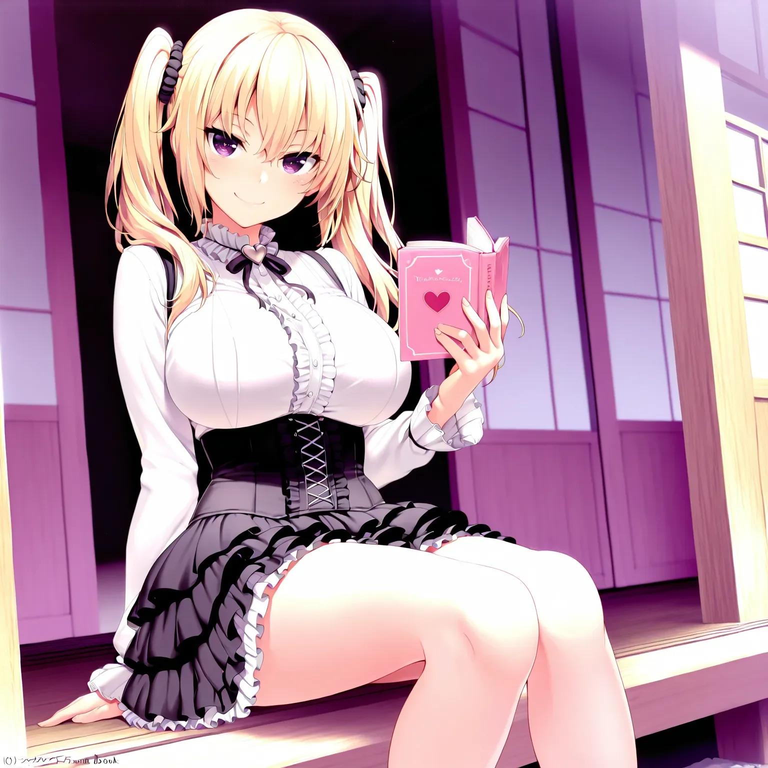 masterpiece,best quality,very aesthetic,highres,absurdres,1girl,<lora:NRpatricia_ilv1:1>,nrp4t0,blonde hair,frills,large breasts,long hair,looking at viewer,purple eyes,skirt,solo,tsurime,twintails,smile,frilled skirt,sitting,veranda,heart cover page,pink book,black skirt,