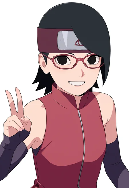 masterpiece, best quality, very aesthetic, absurdres,
1girl, sarada, black eyes, black hair, short hair, glasses, headband,
red sleeveless dress, v sign,
smile, solo, looking at viewer, simple background, white background, <lora:SaradaNoobXL_byKonan:1>