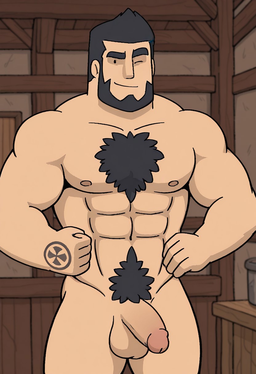 detailed background, detailed background, masterpiece, perfect quality, best quality, detailed, newest, very aesthetic, RafaeloRMA, facial hair, short hair, bara, solo, beard, smile, black hair, 1boy, male focus, wood workshop background, pectorals, abs, muscular, smile, chest hair, looking at viewer nude, black dot eyes, (((one eye closed, raised eyebrow, winking))), girthy penis, erect, balls,