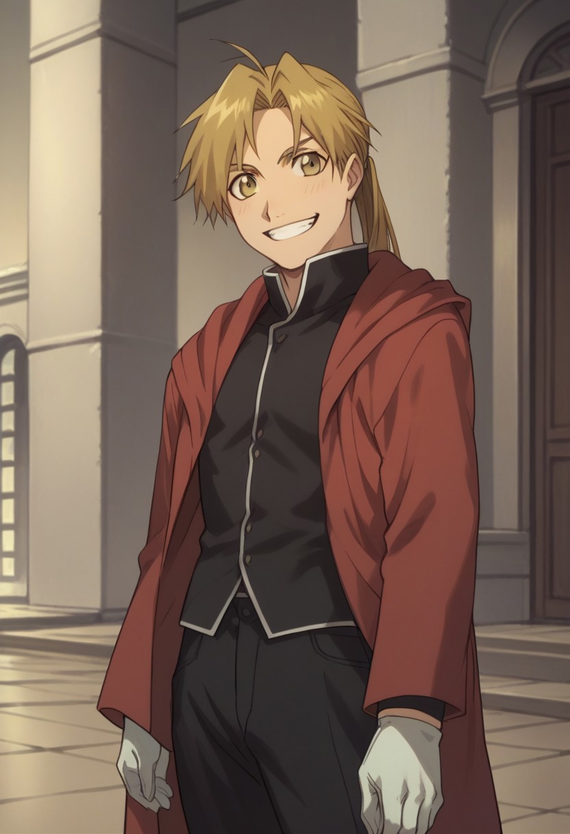 score_9, score_8_up, score_7_up, source_anime, highly detailed, 
alphonseelric, solo, gloves, 1boy, blonde hair, male focus, smile, yellow eyes, grin, long hair, ahoge, ponytail, coat, red coat, hood, shirt, black shirt, black pants,