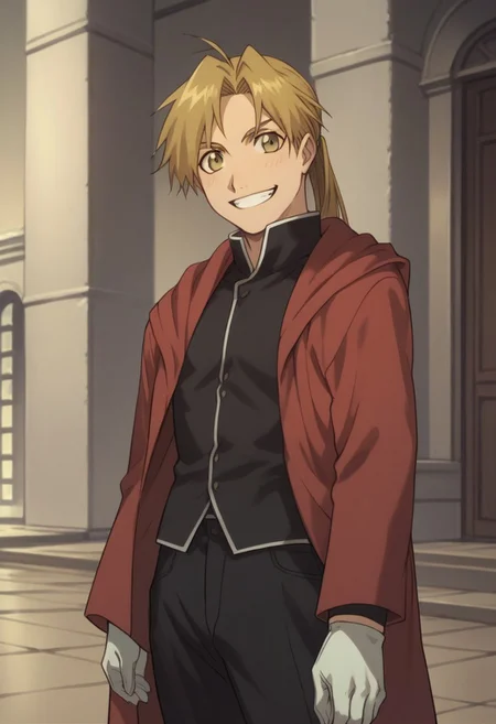 score_9, score_8_up, score_7_up, source_anime, highly detailed,
alphonseelric, solo, gloves, 1boy, blonde hair, male focus, smile, yellow eyes, grin, long hair, ahoge, ponytail, coat, red coat, hood, shirt, black shirt, black pants,