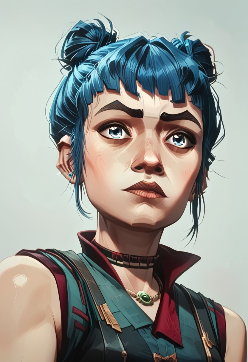 score_9, score_8_up, score_8_up, solo focus, solo, female focus, ArcaneEyesV1, 
BREAK PowderAltOutfit1, bangs, blue hair, blue eyes, earrings, choker, bare shoulders, hair buns, short hair,