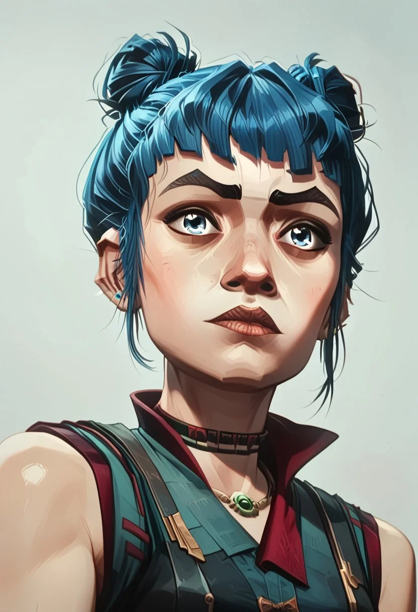 score_9, score_8_up, score_8_up, solo focus, solo, female focus, ArcaneEyesV1,
BREAK PowderAltOutfit1, bangs, blue hair, blue eyes, earrings, choker, bare shoulders, hair buns, short hair,