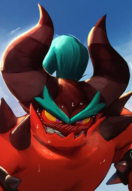 safe_pos, score_9, score_8_up, score_8, score_7_up, score_7, source_furry, rating_explicit, best quality,masterpiece, headshot photo, Zavok, demon, solo, ((red Jaw_guard)), yellow sclera, purple eyes, red eyeliner, striped horns, teal hair, teal eyebrows, black spiked bracelet,red upper body, clench teeth, white teeth, sweat, blush, frown, upper body, blue sky, perfect lighting, (black head)