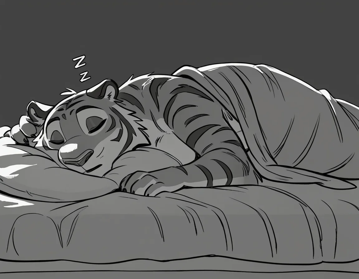 furry female tiger, sleeping in bed, eyes closed, in bed, night time, zzz
source_furry,
<lora:GrayCove:0.5> monochrome, furry <lora:Tritscrits_Style_PonyXL:1> tr1tscr1ts <lora:kb0g_1.0Pony:0.8>, score_9, score_8_up, score_7_up, score_6_up, score_5_up,