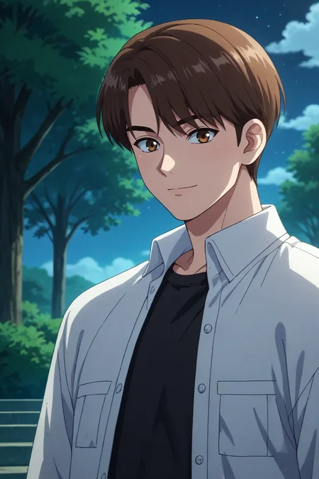 score_9, score_8_up, score_7_up,score_6_up,score_5_up,score_4_up,source_anime,BREAK, rating_safe, intricate details , , , anime screencap, anime coloring, official style, depth of field,1boy, solo, male focus , , ,  <lora:LeeJoon:0.80>,lee joon,brown eyes,brown hair,short hair,side swept,looking at viewer,smile, shirt,closed mouth, black shirt, upper body, outdoors, open clothes, sky,white shirt, collared shirt, cloud,white collar,parted bangs, tree, night, night sky, lamppost,from side , , , <lora:sdxl_lightning_8step_lora_315544:1>