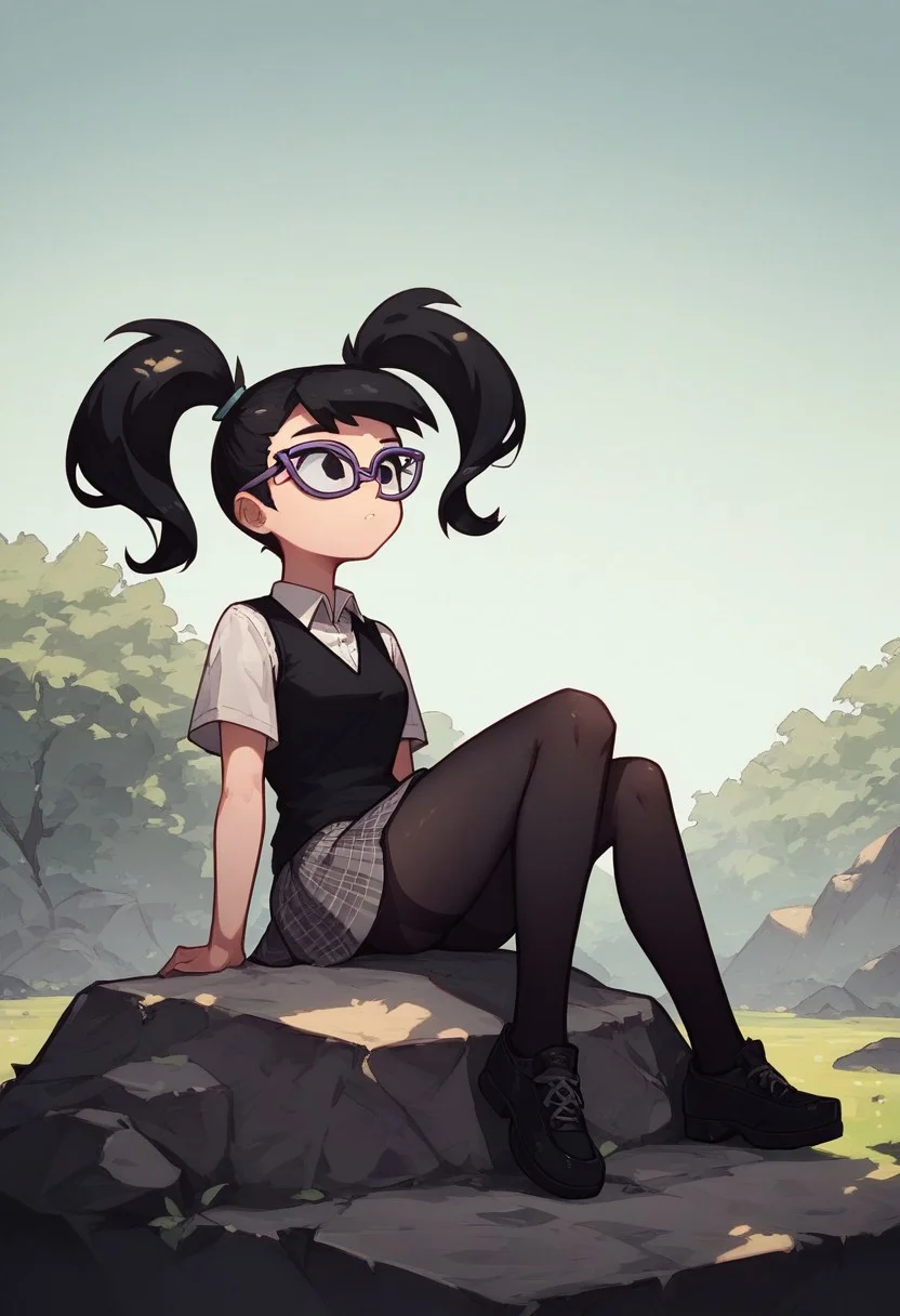Score_9, score_8_up, Tootie, 1girl, solo, black hair, twintails, black eyes, glasses, white collared shirt, black vest, plaid skirt, black pantyhose, <lora:Tootie_FOP_PXL_Leaf2:1>, sitting on rock, outdoors, black footwear,