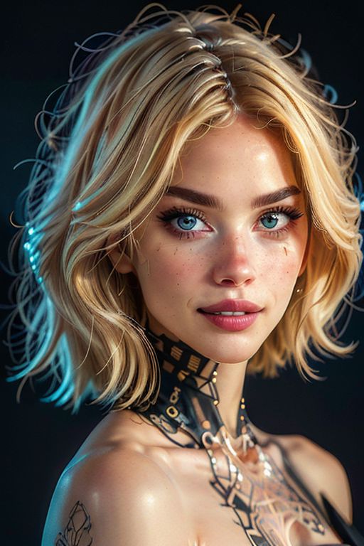 master piece, high quality, looking at viewer, a android girl, short blonde hair, large breast, android, black background, J_diagram, bioluminescent , (20 year old norwegian beautiful slender petite woman supermodel), (wide jaw sharp jawline), (long wavy thick blonde hair), OverallDetail, (Seductive, A sultry gaze, a slightly parted lips, and a hint of a smile.:1.6), ( amazing quality, highly detailed, filigree:1.3), Ultra details++ , add more details, photo of perfecteyes eyes
<lora:J_diagram:0.8> , perfecteyes eyes