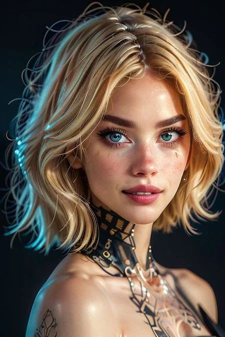 master piece, high quality, looking at viewer, a android girl, short blonde hair, large breast, android, black background, J_diagram, bioluminescent , (20 year old norwegian beautiful slender petite woman supermodel), (wide jaw sharp jawline), (long wavy thick blonde hair), OverallDetail, (Seductive, A sultry gaze, a slightly parted lips, and a hint of a smile.:1.6), ( amazing quality, highly detailed, filigree:1.3), Ultra details++ , add more details, photo of perfecteyes eyes
<lora:J_diagram:0.8> , perfecteyes eyes
