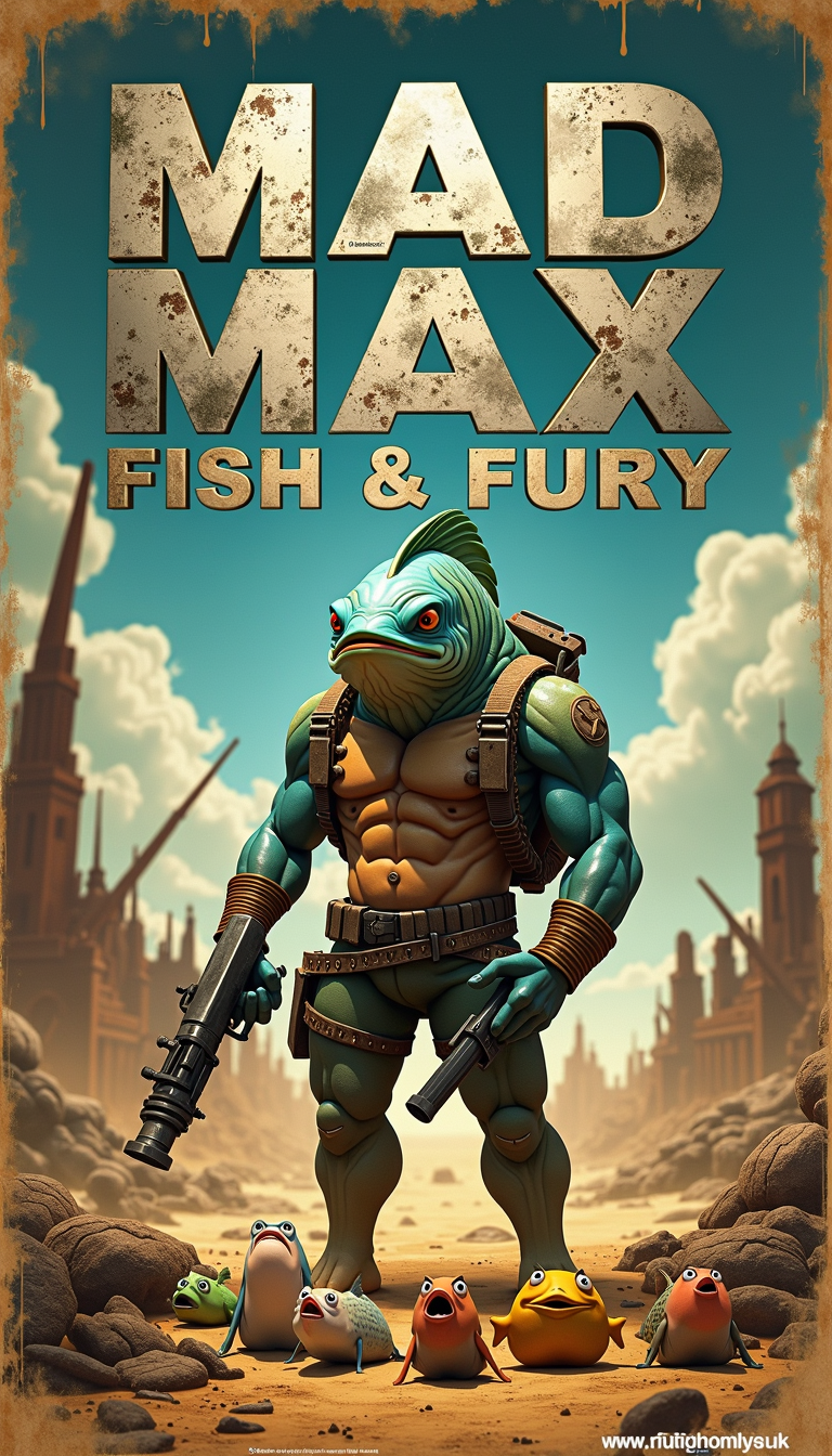 A parody movie poster with the printed title: **"Mad Max: Fish & Fury"**
In this post-apocalyptic animation genre parody of the classic Mad Max franchise, the main character is not a rugged, leather-clad human, but a fierce and determined fish named Max. The movie poster features a gritty, distressed design with a bold, silver title against a desolate, sandy backdrop. Max, a muscular anglerfish with a fierce expression, is prominently displayed in the center, adorned with makeshift armor and wielding a sawed-off harpoon gun.
Surrounding Max are the remnants of a once-thriving underwater world, now reduced to a barren wasteland. Crumbling seaweed skyscrapers and rusted-out shipwrecks litter the background, while a menacing group of piranhas lurk in the shadows. In the foreground, a group of frightened fish, including a few recognizable characters from the original Mad Max series, huddle together for safety.
The tagline reads: "When the ocean turns to sand, only one fish will rule the waves."
The humor in this poster comes from the unexpected juxtaposition of the post-apocalyptic genre with the world of fish and animation. The exaggerated expressions and over-the-top action scenes are sure to elicit laughs from viewers.
This poster is a perfect example of a stable diffusion xl midjourney prompt, blending elements of the original movie with the parody in a cohesive and visually striking way.