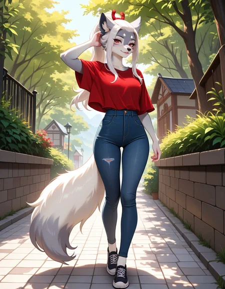 masterpiece, best quality, very aesthetic, absurdres,
outdoors, casual,
full body, posing,
seductive smile, parted lips, long eyelashes,
<lora:Hakuro_v01_NAIXL:1>
H4kur0,1girl,solo,furry,furry female,wolf girl,white hair,long sidelocks,bangs pinned back,ponytail,red eyes,snout,animal nose,body fur,two-tone fur,grey fur,white fur,wolf tail,
