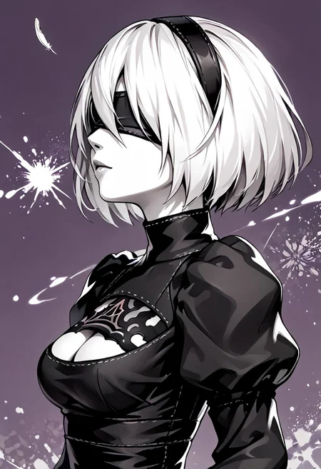 score_9, score_8_up, score_7_up, score_9, score_8_up, score_7_up, 4K, 8K, detailed closeup anime portrait of 2B, 2BNAXL, blindfold, black blindfold, hairband, white hair, short hair, medium breasts, clothing cutout, cleavage cutout, black dress, puffy sleeves, feather-trimmed sleeves, black gloves, monochromemuse, monochrome, greyscale, ink splatter, dark purple background, viewed from side