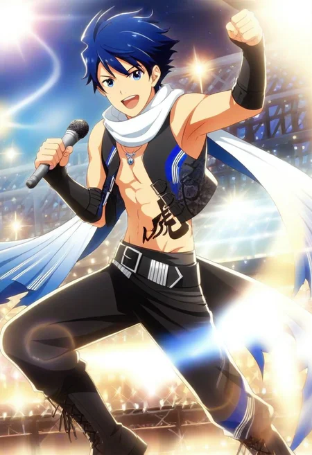 ((masterpiece)), ((best quality)), ((ultra-detailed)), score_9_up, score_8_up, score_7_up, HD, top quality, best quality, High-quality illustrations, anime screencap, perfect anatomy, 1boy, 1male, male anime character, anime boy, solo male, male focus, Takeru Taiga, blue hair, blue eyes, white long scarf, necklace, sleeveless blue and black outfit with belt buckles, black arm warmers, abdomen tattoo, belt, black pants, black boots, holding microphobe, dancing, singing, happy, energetic, performing live on a concert stage, concert lights, concert audiences