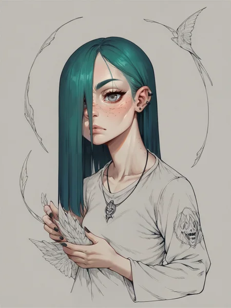 score_9, score_8_up, score_7_up, score_6_up, score_5_up, score_4_up, <lora:blu3p4rtXLP2:0.7> blu3p4rt, goth, pale skin, long green hair