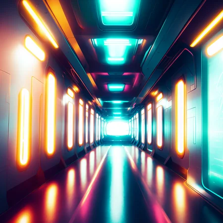 (corridorfuturism style:1) hallway in a sci - fi environment with neon lights <lora:djzCorridorFuturismV21:0.8>