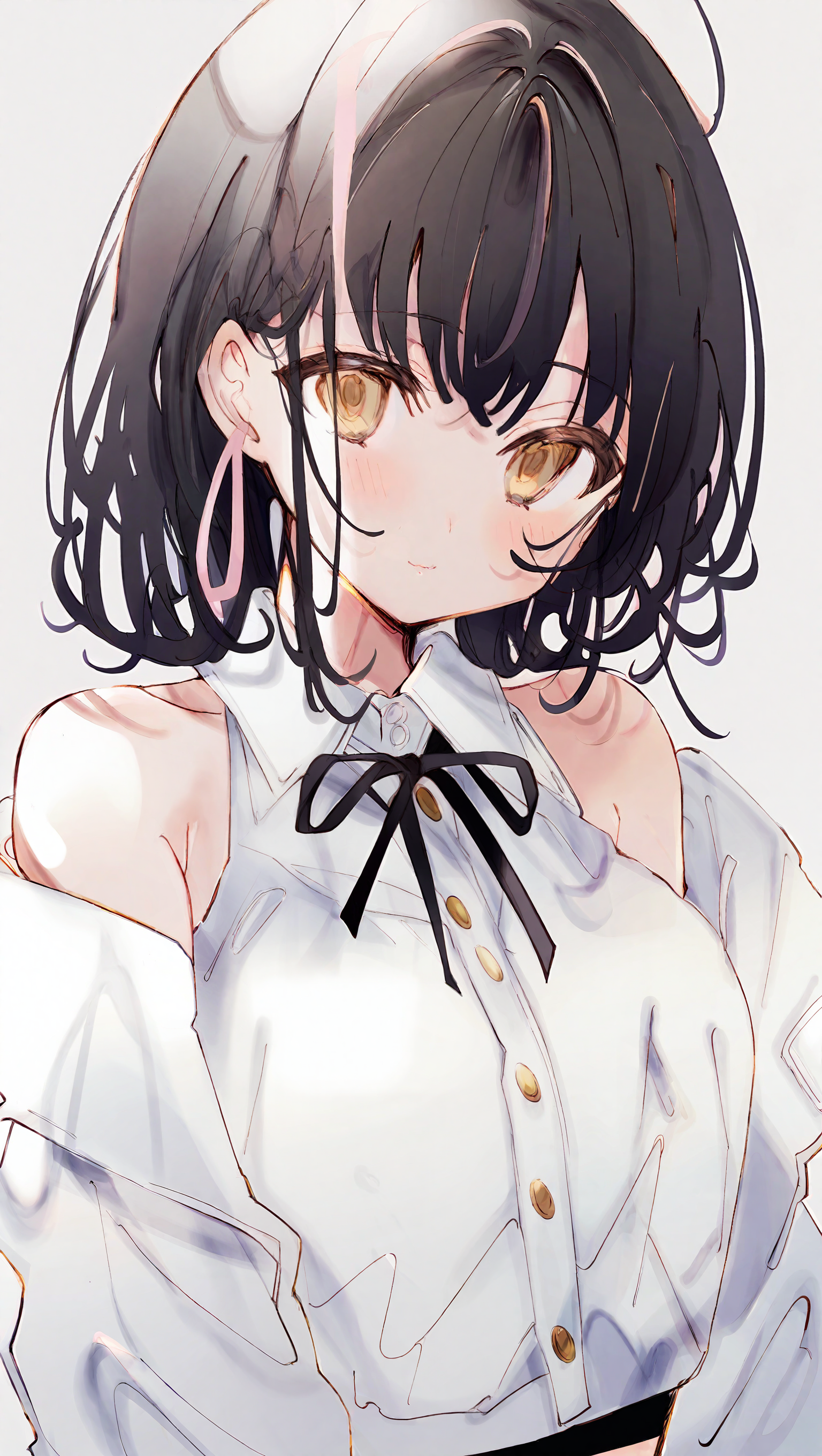 by sia, 1girl, solo, white background, simple background, upper body, looking at viewer, blush, closed mouth, yellow eyes, brown eyes, black hair, bangs, breasts, white shirt, collared shirt, white jacket, open clothes, long sleeves, off shoulder, ribbon