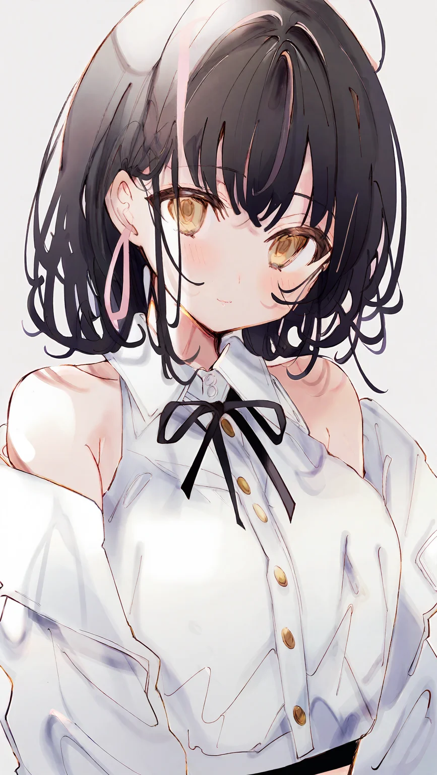 by sia, 1girl, solo, white background, simple background, upper body, looking at viewer, blush, closed mouth, yellow eyes, brown eyes, black hair, bangs, breasts, white shirt, collared shirt, white jacket, open clothes, long sleeves, off shoulder, ribbon