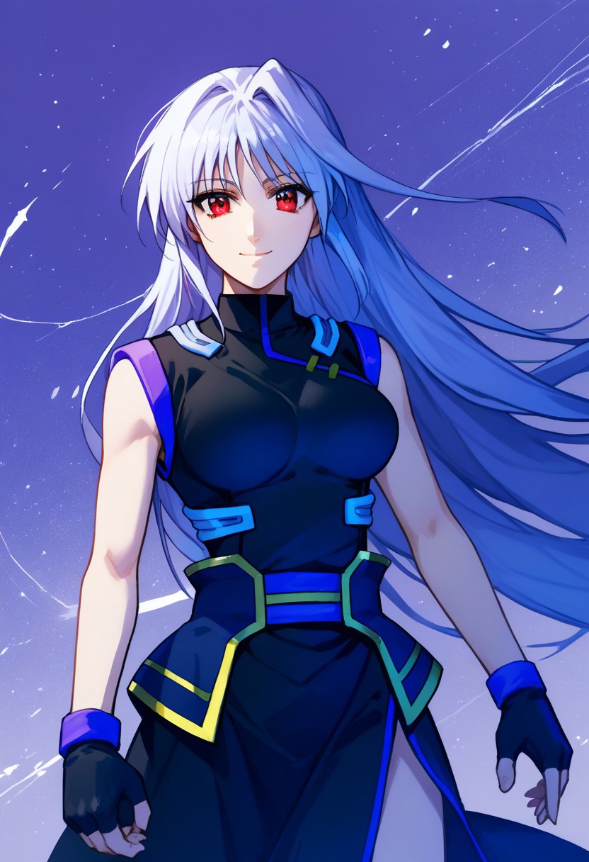 score_9, score_8_up, score_7_up, source_anime, solo, 1girl, Reinforce, long hair, white hair, single hair intake, red eye, long dress, black dress with purple trim, side slit, black gloves with purple trim, fingerless gloves, black corset with gold trim, sleeveless dress, bare shoulders, standing, smiling