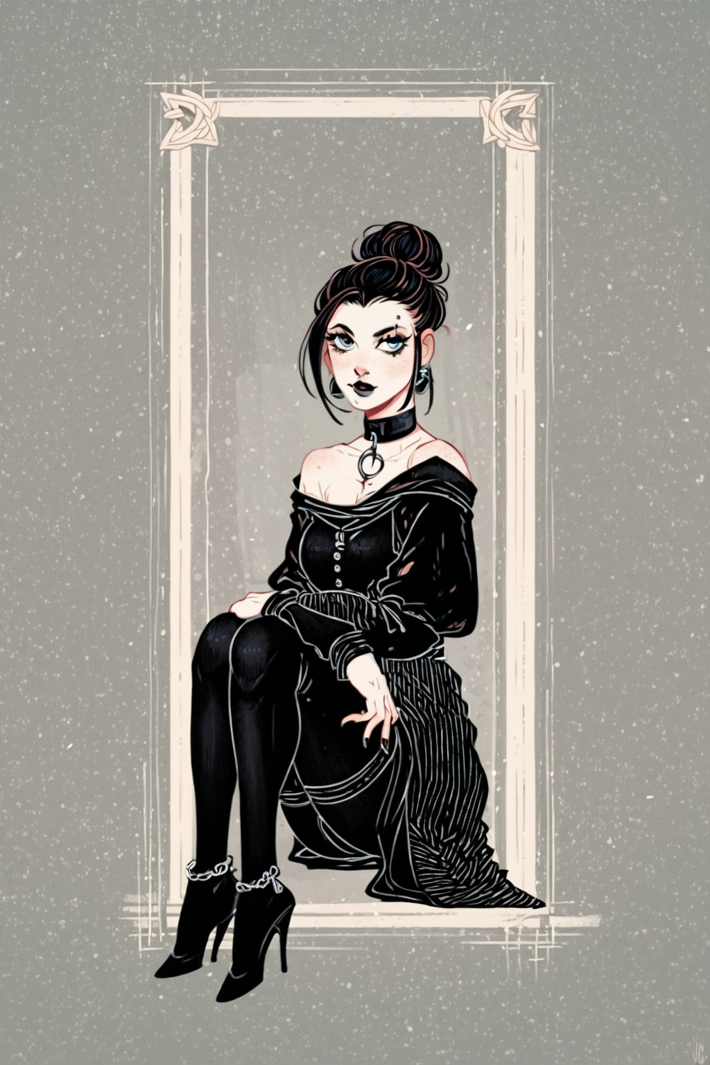 score_9, score_8_up, score_7_up, rating_safe,rating_questionable, 1girl, gothic, solo, solo focus, portrait, detailed background,wide shot,high contrast, Sitting with legs crossed and hands in prayer position, <lora:dappermouth:1.3>âââ