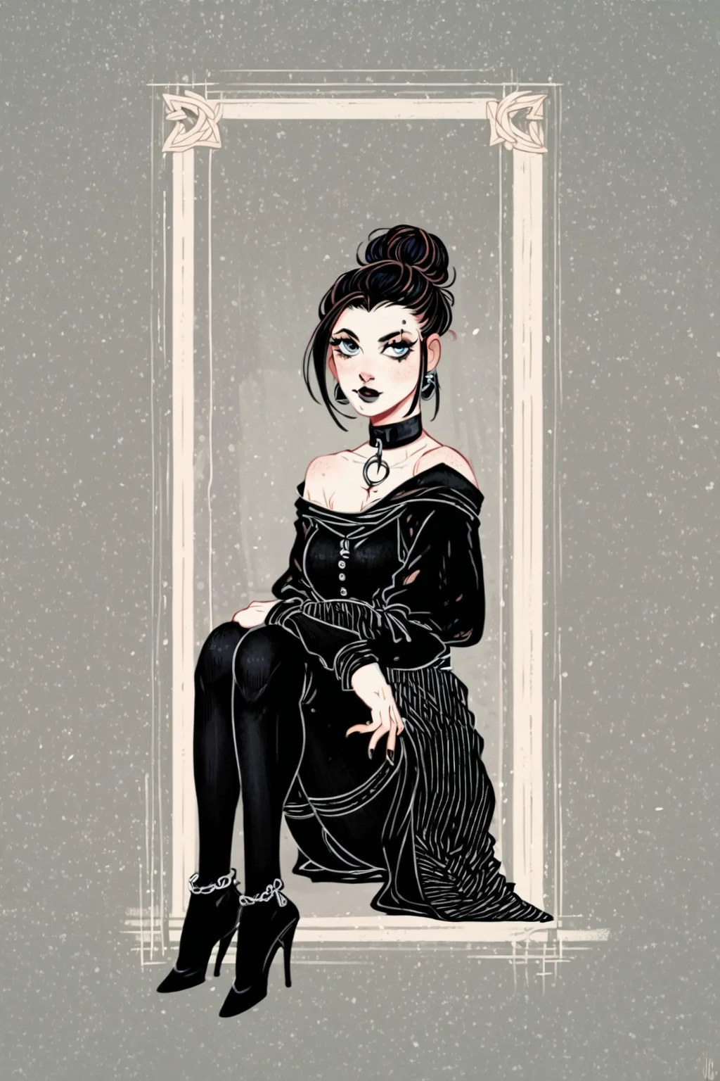 score_9, score_8_up, score_7_up, rating_safe,rating_questionable, 1girl, gothic, solo, solo focus, portrait, detailed background,wide shot,high contrast, Sitting with legs crossed and hands in prayer position, <lora:dappermouth:1.3>âââ