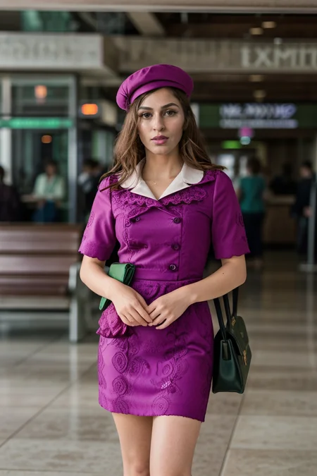 <lora:LCM_LoRA_Weights_SD15:1>,<lora:detail_slider_v4:1.4>,(gorgeous flight attendant) 38year old middle-aged (Women:1.3), cameltoe:1.3, Toned build, short dark hair, mexican, mahogany Tan skin, wearing a flight attendant hat, green vintage dress, pink lipstick, rolling suitcase, set in airport Terminal Concourse, Wide thoroughfare with moving walkways, shops and kiosks lining the sides, directional signage overhead, digital clocks displaying time zones, benches , at sunset,(full body:1.3),(full shot:1.3),(wide shot:1.3),(full body portrait:1.3),dynamic angle:1.1,still life photography, capturing tranquility, timeless beauty, meticulous arrangement, exquisite detail, professional lighting, expert composition, evocative mood, storytelling through objects, artistic interpretation, creative expression, showcasing textures, intricate patterns, enhancing atmosphere, conveying emotions, masterful technique, immersive experience",