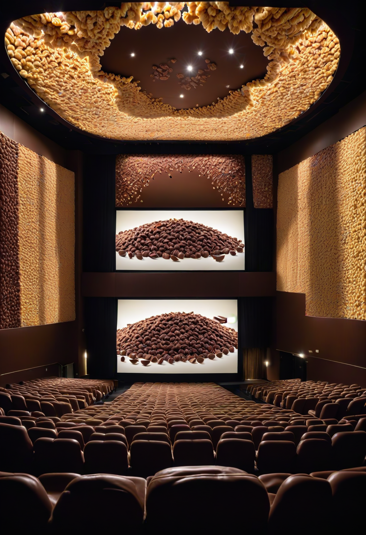 A huge cinema hall with chocolate chairs. The walls of the cinema hall are made of chocolate decorated with cereals. At the front of the hall there is a huge screen on which a film that has to do with chocolate is currently playing. The lights are dimmed , Jed-ChocoC   ,chocolate, cereals  <lora:ChocoCerealStyle:0.4> <lora:SDXLFaeTastic2400:0.8>