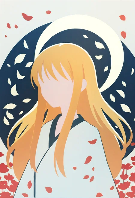 score_9, score_8_up, score_7_up, <lora:PonyMinimalStyle:1> Minimalstyle, 1girl, simple, faceless female, beautiful, extremely detailed, vector, headshot, blonde hair, long hair, sakura petals, black and white theme, tsukuyomi, moon, white kimono