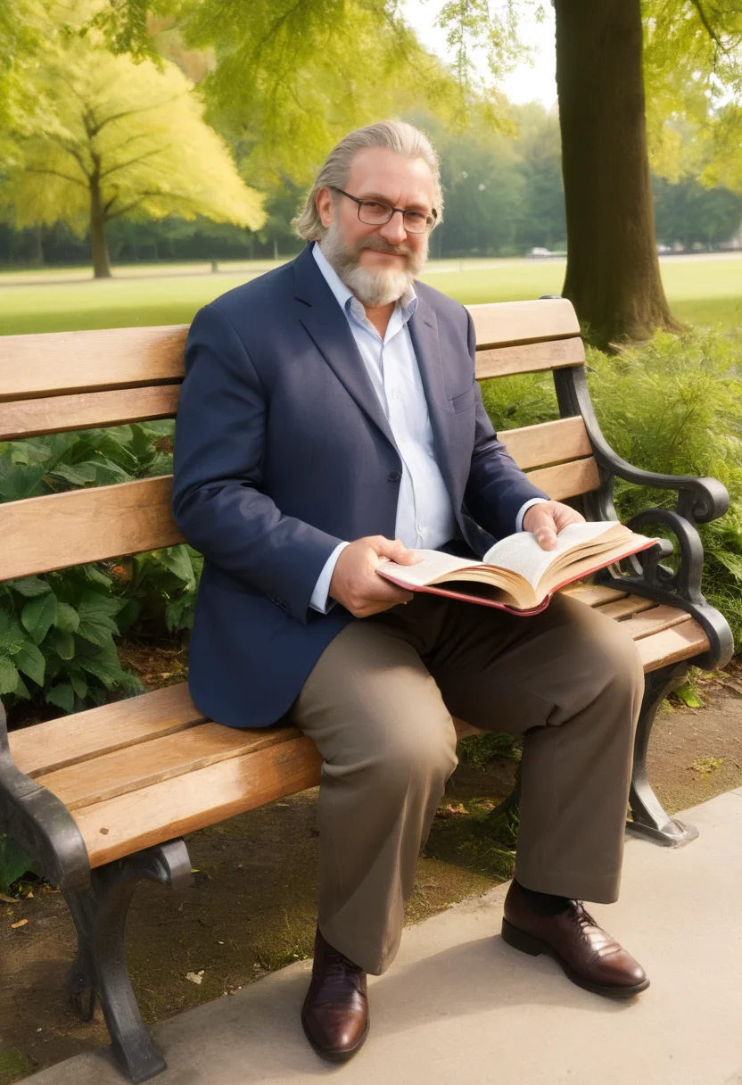 reinhardt sits on a park bench reading a book,smiling,full body,<lora:xl-reinhardt-000012:0.8>,reinhardt,