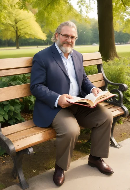 reinhardt sits on a park bench reading a book,smiling,full body,<lora:xl-reinhardt-000012:0.8>,reinhardt,