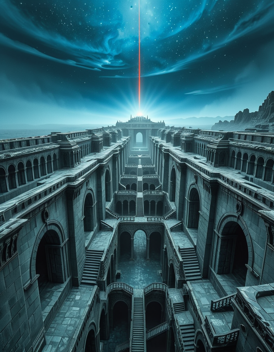 A vast, nightmarish labyrinth stretching endlessly into the horizon, its architecture a fusion of brutalist and gothic styles. The towering stone walls are cold, weathered, and adorned with eerie, ancient carvings. Deep chasms divide the labyrinth, revealing endless layers of arches and staircases that descend into an abyss of darkness. The atmosphere is thick with an unsettling silence, broken only by distant whispers and echoes of unseen entities.
A strange, ominous red beam pierces the sky from a distant point at the horizon, casting an eerie glow over the surreal landscape. The sky above is an unnatural, deep blue, devoid of stars, shrouded in a thick, ominous haze. Shadows stretch unnaturally long, twisting and shifting as if alive.
The entire scene evokes a sense of isolation and dread, as if trapped in an inescapable nightmare. The labyrinthâs geometry seems almost impossible, defying logic with staircases leading to nowhere and corridors looping endlessly. A place where time feels distorted, and reality itself is uncertain.
Style & Mood:
    Dark surrealism, Lovecraftian horror
    Cinematic, high-detail, eerie lighting
    Atmospheric perspective, emphasizing scale and depth
    Inspired by the works of ZdzisÅaw BeksiÅski and H.R. Giger
<lora:SDXLFaeTastic2400:0.4> <lora:extremely_detailed:0.4> extremely detailed, <lora:nightmarish_l4byr1nth:1>,nightmarish l4byr1nth, Masterpiece,best quality,hi res,8k,hi res,8k,award winning,(sharp focus, intricate, highly detailed),