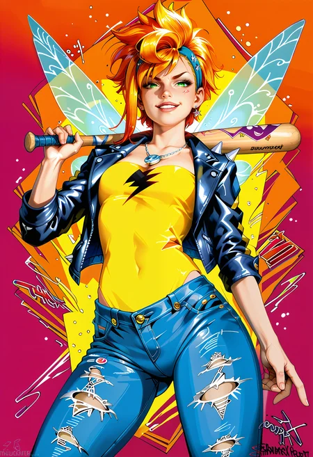 score_9, score_8_up, score_7_up, 1girl, fairy, magical wings, fairy dust, thug, punk, pixie cut, detailed iris, perfect eyes, glowing green eyes, GESUGAO, PARTED LIPS, EVIL SMILE, HALF CLOSED EYE
tinker bell
(from below, low angle:1.2)
baseball bat on shoulder, dynamic pose
leather jacket, studs, spikes, bandana, head band, broken jeans,
cool, badass, confident
sinozick style, 2d, hud_jem_boxart, colorful retro artstyle, colorful background, neon,
masterpiece, 8k, 4k, highly detailed
<lora:Expressive_H:1>
<lora:Concept_Gesugao:0.4>
<lora:Jem_80s_Cartoonbox_art:0.8>
<lora:Pony_DetailV1.0:1>
<lora:DetailMaximizer:1>
