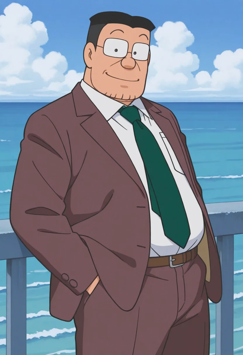 1boy, standing, cowboy shot, blue sky, horizon, ocean, outdoors, smile, leaning back, smile, hands in pockets, looking at viewer, 
BREAK
senseiofnobita, mature male, glasses, black hair, black eyes, dot pupils, retro artstyle, plump, open clothes, 
BREAK
brown suit, white shirt, brown footwear, green necktie, cloudy sky,
BREAK
best quality, masterpiece, very aesthetic, absurdres, highest detailed, very awa, <lora:Sensei_from_late_Doraemon_oyama_edition_v1.0:1>