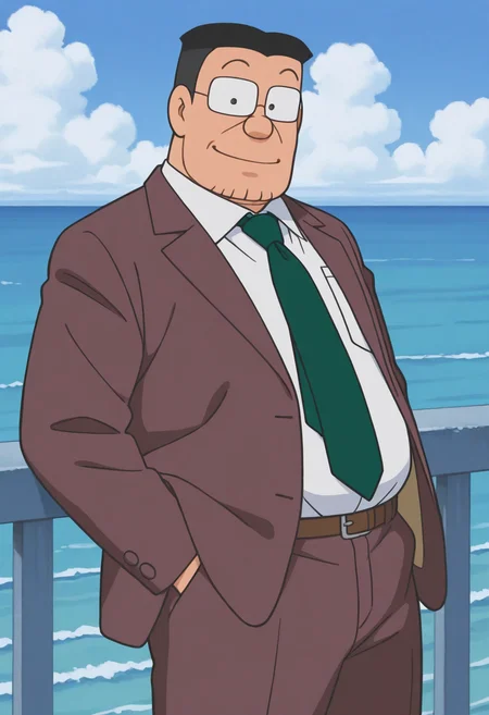 1boy, standing, cowboy shot, blue sky, horizon, ocean, outdoors, smile, leaning back, smile, hands in pockets, looking at viewer,
BREAK
senseiofnobita, mature male, glasses, black hair, black eyes, dot pupils, retro artstyle, plump, open clothes,
BREAK
brown suit, white shirt, brown footwear, green necktie, cloudy sky,
BREAK
best quality, masterpiece, very aesthetic, absurdres, highest detailed, very awa, <lora:Sensei_from_late_Doraemon_oyama_edition_v1.0:1>