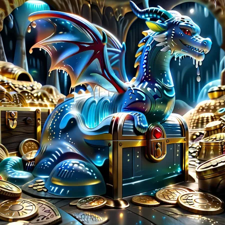 1dragon, highly detailed blue dragon, blue dragon made out of slime, scaly blue slime dragon, slime dragon with red eyes, blue slime dragon laying in its hoard, blue slime dragon with wings, dragon wings,
multi-colored gems made out of slime, in a room of treasure made out of slime, gold coins and bars made out of slime, wood-like treasure chest made out of slime, wood-colored slime chest, individual coins made out of slime, gold slime coins, piles of coins,
treasure-room, treasure, treasure chest, gemstone, coins, gold bars, gold pile,
everything made of slime, No simple background,
((translucent slime)), ((transparent slime)), (bioluminescent slime), sl1m3, slime, ais-blmn, watce, je11y, thickwater, great lighting, ral-lava, even lighting, no bright spots, saturated colors,