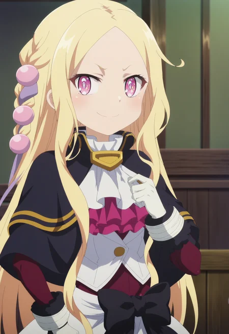 score_9, score_8_up, score_7_up, score_6_up, score_5_up, score_4_up , anime coloring ,BREAK source_anime, anime,screencap,
1girl, solo, rouxc, hair ornament, gloves, ascot, capelet, black waist bow, showgirl skirt, leotard under clothes, <lora:PonyXL Roux Cristasse V1:1>
indoors,
smile, looking at viewer,upper body,