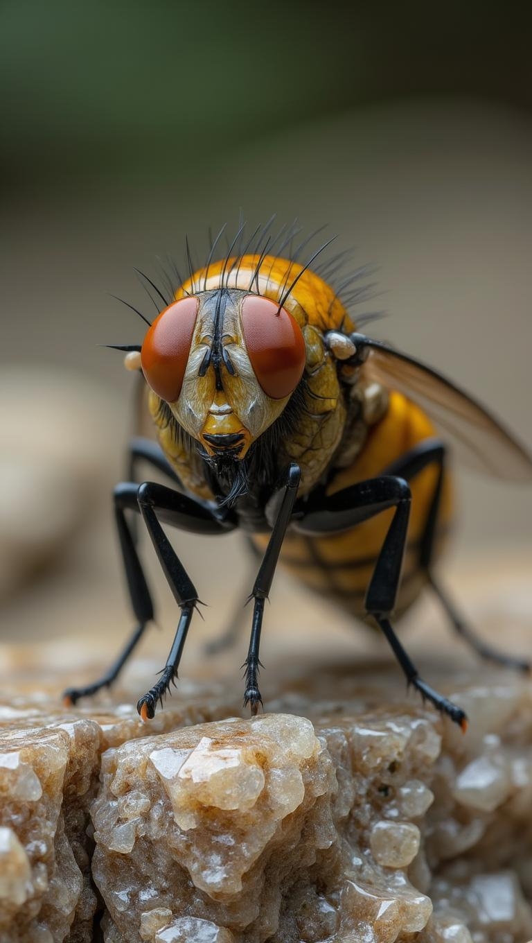 <lora:ck-polygon-gems-0019.safetensors:1> a crafted gemstone model in the style of cklg featuring a
A macro shot of a fly's face and legs, perched on a textured wood surface. The camera captures every detail: furrowed brow, gleaming brown eyes, delicate antennae, and intricate hairs. Wood grain provides an earthy backdrop, its weathered crevices adding depth to the image.
