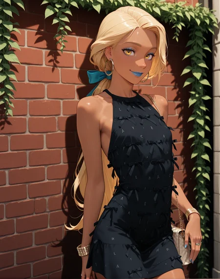 1boy, Rapunzel\(Movie\) style, (Pixar\(movies\):1.15), masterpiece,best quality,amazing quality, volumetric light, newest, Perfect detailed face, solo, sexy pose, professional illustration composition,
an illustration of a confident dominant Transgirl, Trap, Feminized boy, Blonde, skinny, low ponytail, Yellow eyes, dark skin, Blue lipstick, blue mascara, voluminous hair, long body, mature, smile, small flat breasts, slicked hair, side bangs,
<lora:Chanel_2023_LBD_Little_Black_Dress:0.8> Black Dress, ribbon pattern, letter pattern, hoop earrings, bracelet, rings, short dress, cowboy shot, vines wall background, handbag,
BREAK Masterpiece, best quality, amazing quality, HDR, 4K, volumetric light, newest, Perfect detailed face, Pixar\(movies\), Disney Princess,